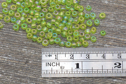 Transparent Iridescent Glass Seed Beads, 4mm 6/0 Glass Round Seed Beads, Green AB Trans Seed Beads, Rocailles Beads, Beading Supplies #1009