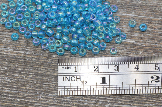 Transparent Iridescent Glass Seed Beads, 4mm 6/0 Glass Round Seed Beads, Blue AB Trans Seed Beads, Rocailles Beads, Beading Supplies #1145