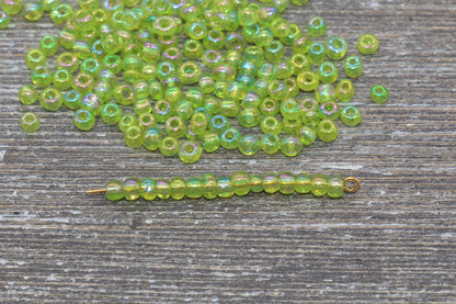 Transparent Iridescent Glass Seed Beads, 4mm 6/0 Glass Round Seed Beads, Green AB Trans Seed Beads, Rocailles Beads, Beading Supplies #1009