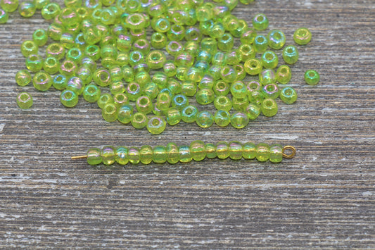Transparent Iridescent Glass Seed Beads, 4mm 6/0 Glass Round Seed Beads, Green AB Trans Seed Beads, Rocailles Beads, Beading Supplies #1009