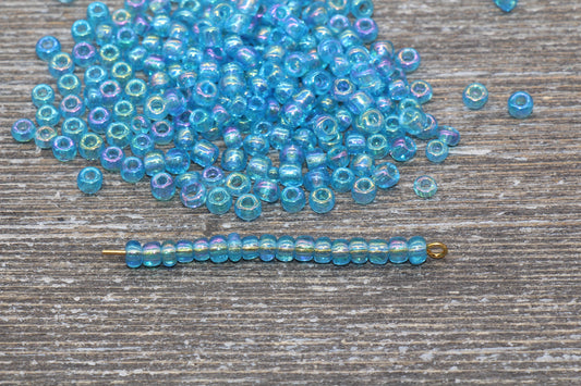 Transparent Iridescent Glass Seed Beads, 4mm 6/0 Glass Round Seed Beads, Blue AB Trans Seed Beads, Rocailles Beads, Beading Supplies #1145