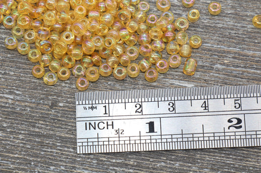 Transparent Iridescent Glass Seed Beads, 4mm 6/0 Glass Round Seed Beads, Gold AB Trans Seed Beads, Rocailles Beads, Beading Supplies #1147