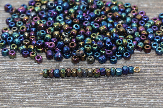 Rainbow Metallic Glass Seed Beads, 4mm 6/0 Glass Round Seed Beads, Rainbow Seed Beads, Rocailles Beads, Beading Supplies #1211