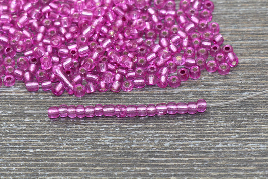 Transparent Glass Beads with Silver Lined, 4mm 6/0 Glass Round Beads, Hot Pink Trans Seed Beads, Rocailles Beads, Beading Supplies #1222