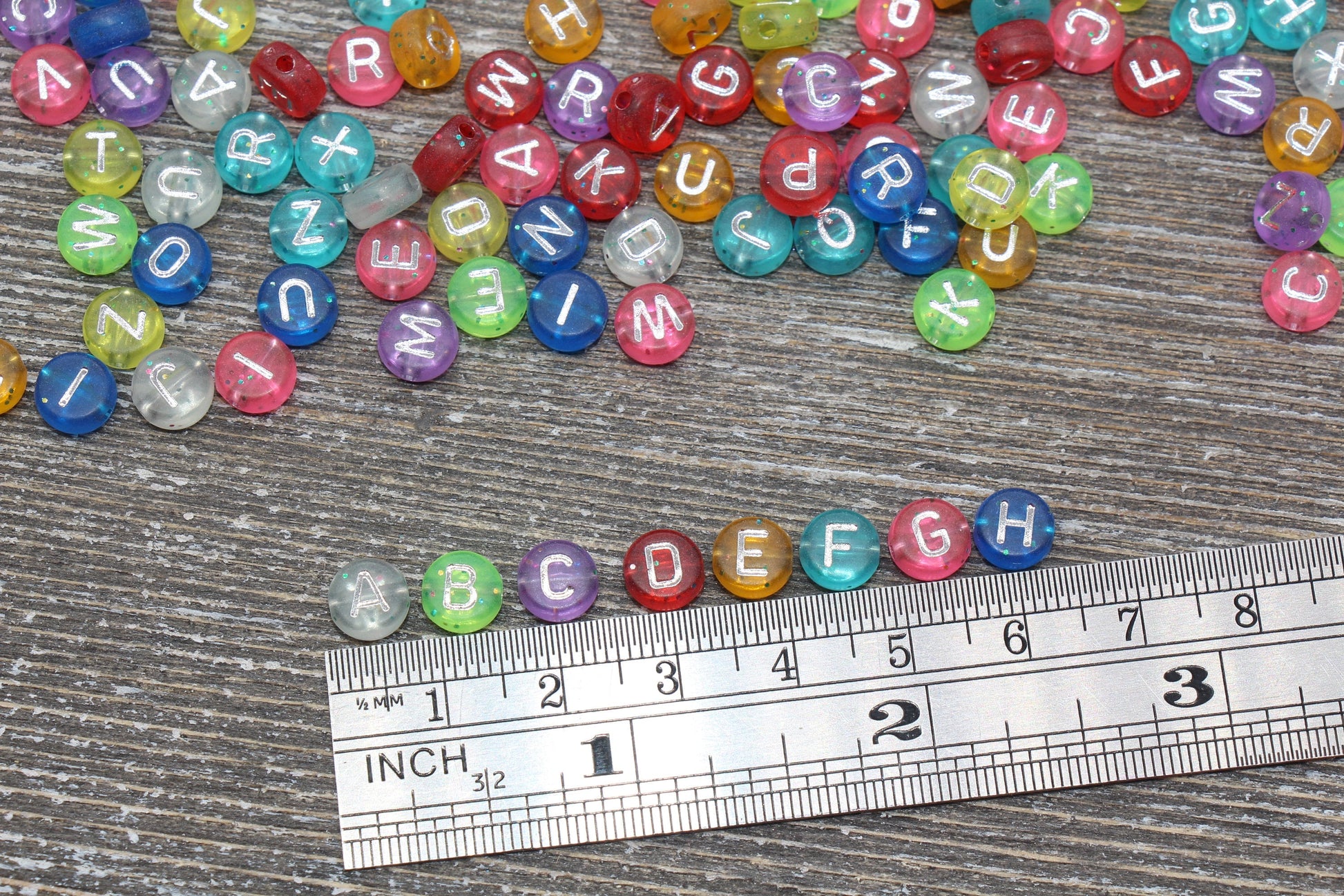 Multicolored Glitter Alphabet Letter Beads, Glitter Translucent Beads with Silver Letters, Rainbow Glitter Letter Beads, Name Beads 7mm #368