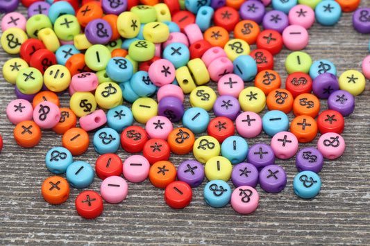 Ampersand, Asterisk, Plus, Minus, Dollar Sign Symbol Beads, Acrylic Multicolored symbol Beads, Round Symbol Beads, Size 7mm #1313
