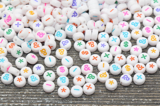 Ampersand, Asterisk, Plus, Minus, Dollar Sign Symbol Beads, Acrylic White Beads with Rainbow symbol Beads, Round Symbol Beads, 7mm #1315
