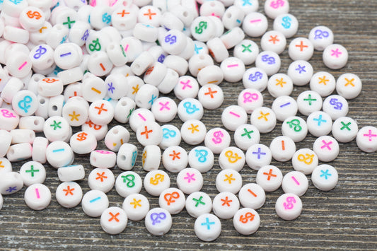 Ampersand, Asterisk, Plus, Minus, Dollar Sign Symbol Beads, Acrylic White Beads with Rainbow symbol Beads, Round Symbol Beads, 7mm #1315