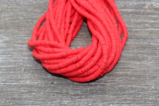 4mm Bright Red Heishi Beads, Polymer Clay Disc Beads, African Disc Beads, Vinyl Heishi, 16 inch Strand #97