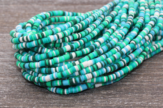 4mm Green and White Multicolored Heishi Beads, Multicolored Polymer Clay Disc Beads, African Disc Beads, Vinyl Heishi, 16 inch Strand #124