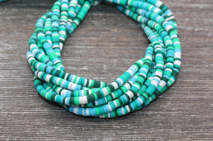 4mm Green and White Multicolored Heishi Beads, Multicolored Polymer Clay Disc Beads, African Disc Beads, Vinyl Heishi, 16 inch Strand #124