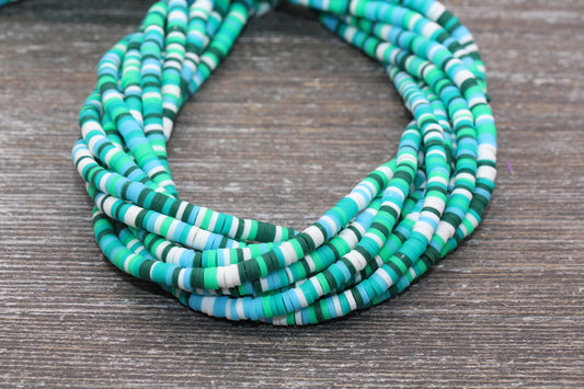 4mm Green and White Multicolored Heishi Beads, Multicolored Polymer Clay Disc Beads, African Disc Beads, Vinyl Heishi, 16 inch Strand #124