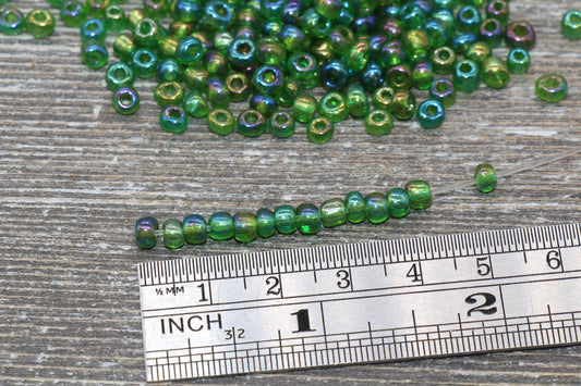 Transparent Iridescent Glass Seed Beads, 4mm 6/0 Glass Round Seed Beads, Green AB Trans Seed Beads, Rocailles Beads, Beading Supplies #1414