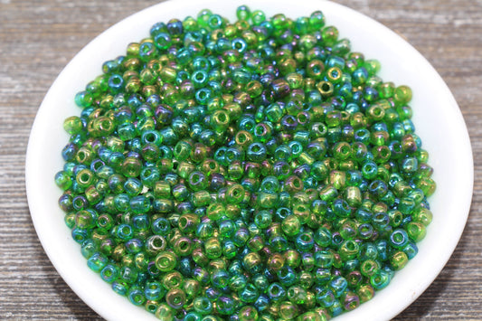 Transparent Iridescent Glass Seed Beads, 4mm 6/0 Glass Round Seed Beads, Green AB Trans Seed Beads, Rocailles Beads, Beading Supplies #1414