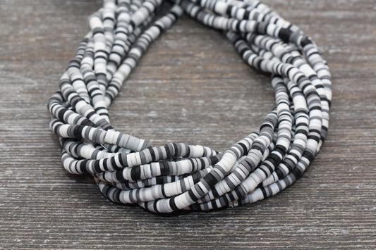4mm Black, White and Gray Heishi Beads, Multicolored Polymer Clay Disc Beads, Rainbow African Disc Beads, Vinyl Heishi, 16 inch Strand #158