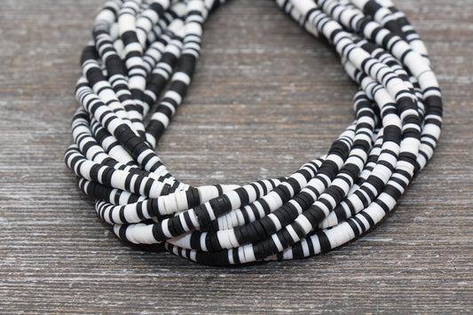 4mm Black and White Heishi Beads, Multicolored Polymer Clay Disc Beads, Rainbow African Disc Beads, Vinyl Heishi, 16 inch Strand #163