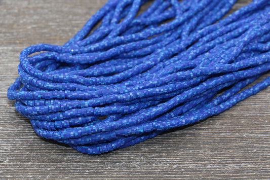 4mm Blue Speckled Heishi Beads, Multicolored Polymer Clay Disc Beads, African Disc Beads, Vinyl Heishi, 16 inch Strand #255