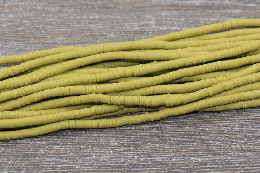 4mm Olive Green Heishi Beads, Polymer Clay Disc Beads, African Disc Beads, Vinyl Heishi, 16 inch Strand #238