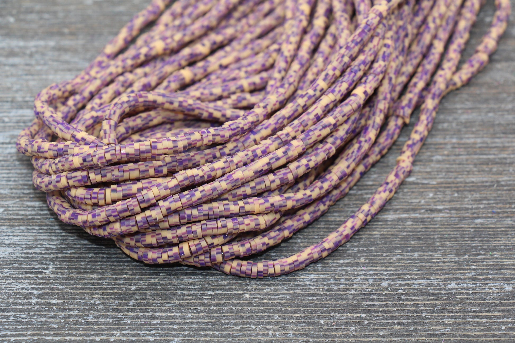 4mm Brown with Purple Speckled Heishi Beads, Multicolored Polymer Clay Disc Beads, African Disc Beads, Vinyl Heishi, 16 inch Strand #251