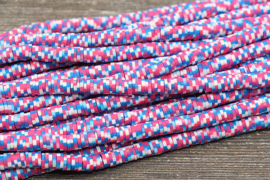 6mm Multicolored Speckled Heishi Beads, Pink, Blue and White Polymer Clay Disc Beads, African Disc Beads, Vinyl Heishi, 16 inch Strand #207
