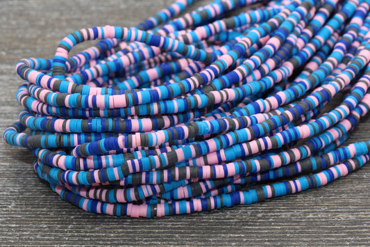4mm Blue and Pink Heishi Beads, Multicolored Polymer Clay Disc Beads, Rainbow African Disc Beads, Vinyl Heishi, 16 inch Strand #157