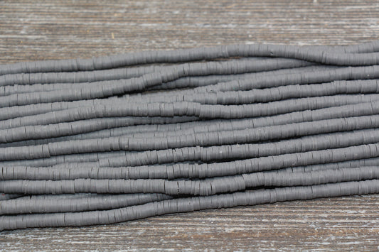 4mm Gray Heishi Beads, Gray Polymer Clay Disc Beads, African Disc Beads, Vinyl Heishi, 16 inch Strand #293