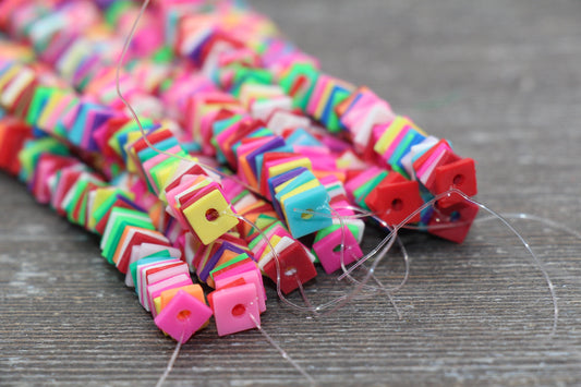 6mm Square Shape Heishi Beads, Multicolor Rainbow Polymer Clay Beads, Square Vinyl Heishi, 16 inch Strand #220