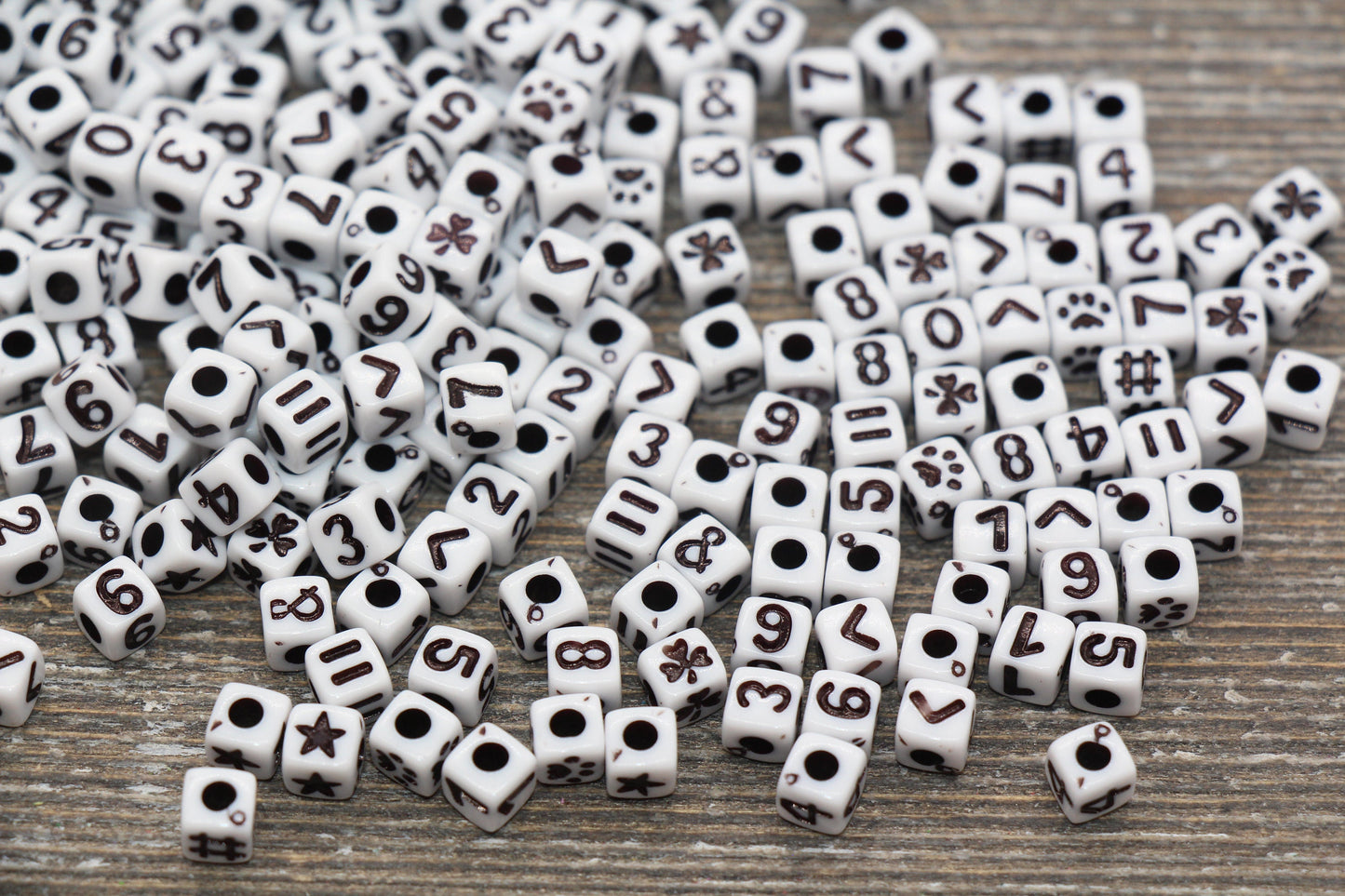 Cube Number Beads, Cube Symbol Beads, White with Black Acrylic Number Beads, Acrylic Square Beads, Slider Beads, Size 5mm #725