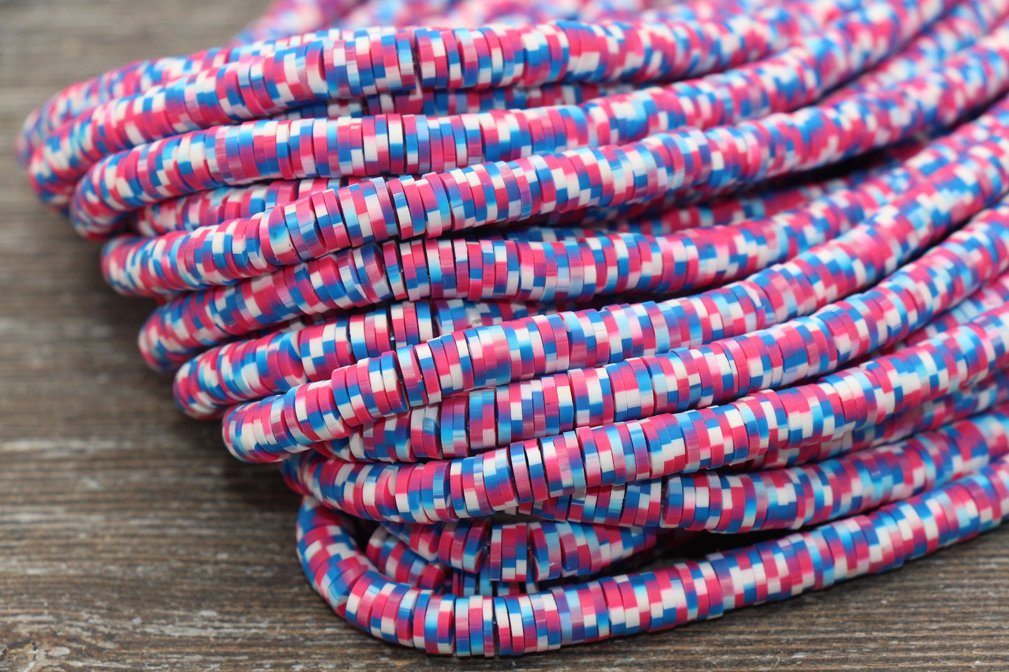 6mm Multicolored Speckled Heishi Beads, Pink, Blue and White Polymer Clay Disc Beads, African Disc Beads, Vinyl Heishi, 16 inch Strand #207