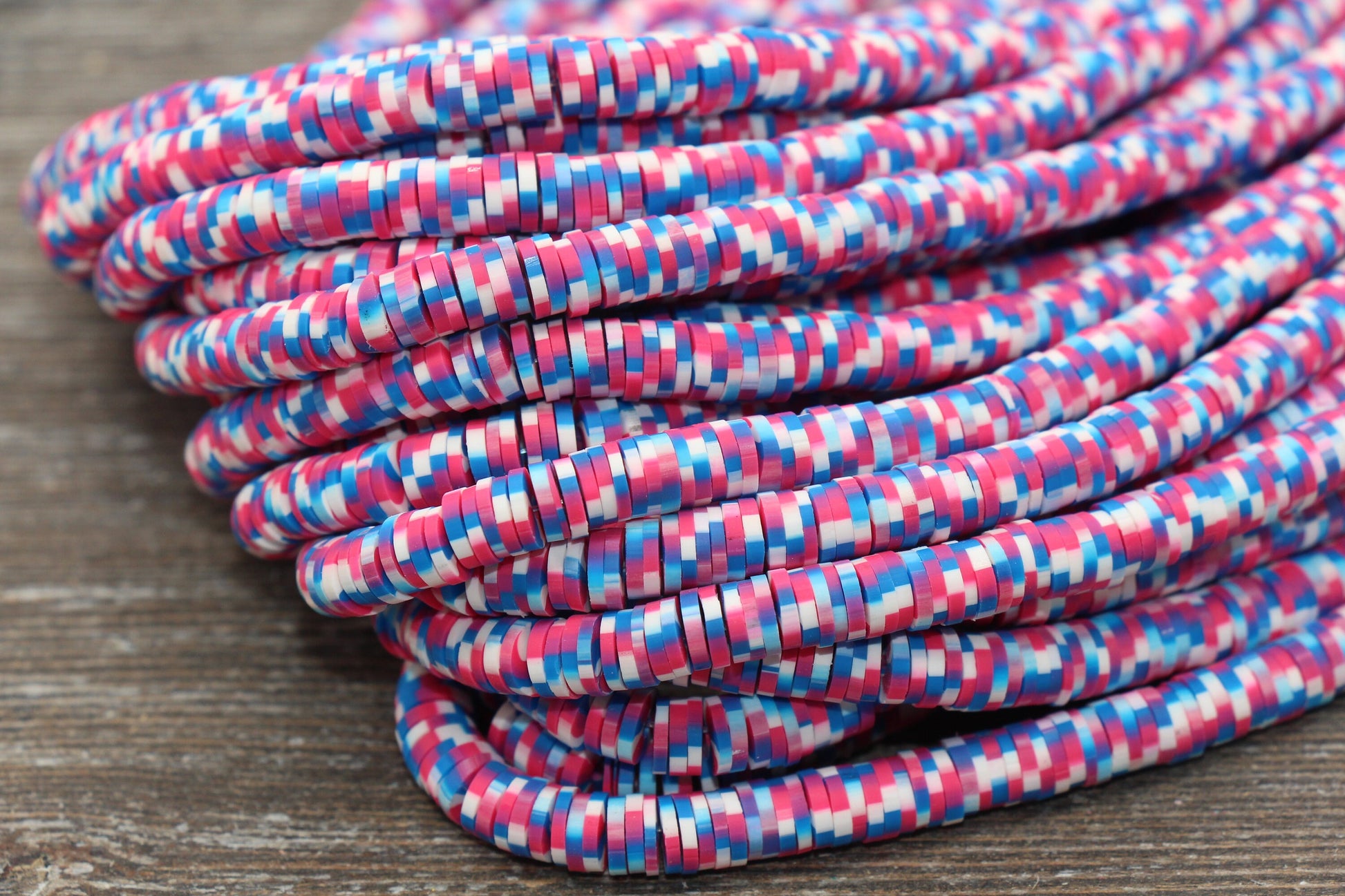 6mm Multicolored Speckled Heishi Beads, Pink, Blue and White Polymer Clay Disc Beads, African Disc Beads, Vinyl Heishi, 16 inch Strand #207