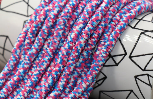 6mm Multicolored Speckled Heishi Beads, Pink, Blue and White Polymer Clay Disc Beads, African Disc Beads, Vinyl Heishi, 16 inch Strand #207