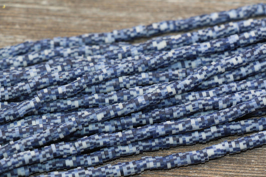 4mm Blue with White Dots Speckled Heishi Beads, Multicolored Polymer Clay Disc Beads, African Disc Beads, Vinyl Heishi, 16 inch Strand #316