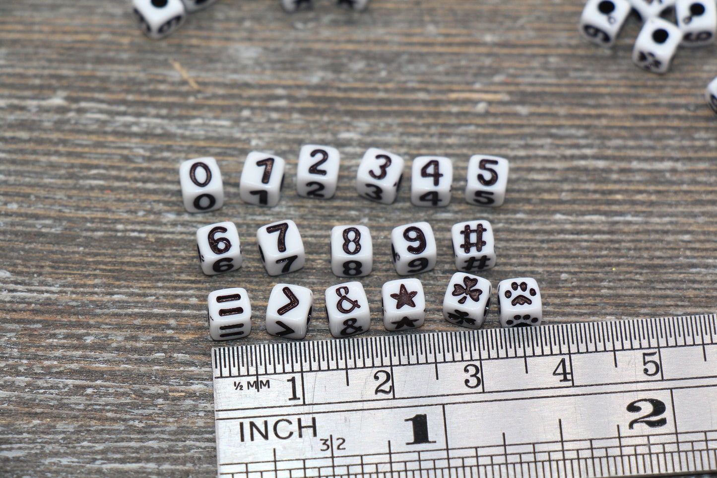 Cube Number Beads, Cube Symbol Beads, White with Black Acrylic Number Beads, Acrylic Square Beads, Slider Beads, Size 5mm #725