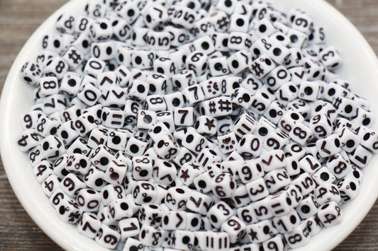 Cube Number Beads, Cube Symbol Beads, White with Black Acrylic Number Beads, Acrylic Square Beads, Slider Beads, Size 5mm #725