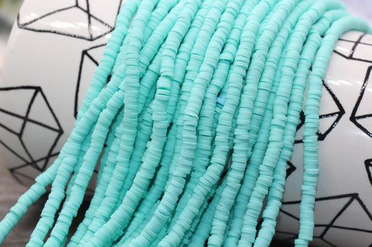 4mm Aqua Blue Heishi Beads, Polymer Clay Disc Beads, African Disc Beads, Vinyl Heishi, 16 inch Strand #87
