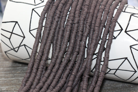 4mm Chocolate Brown Heishi Beads, Polymer Clay Disc Beads, African Disc Beads, Vinyl Heishi, 16 inch Strand #92