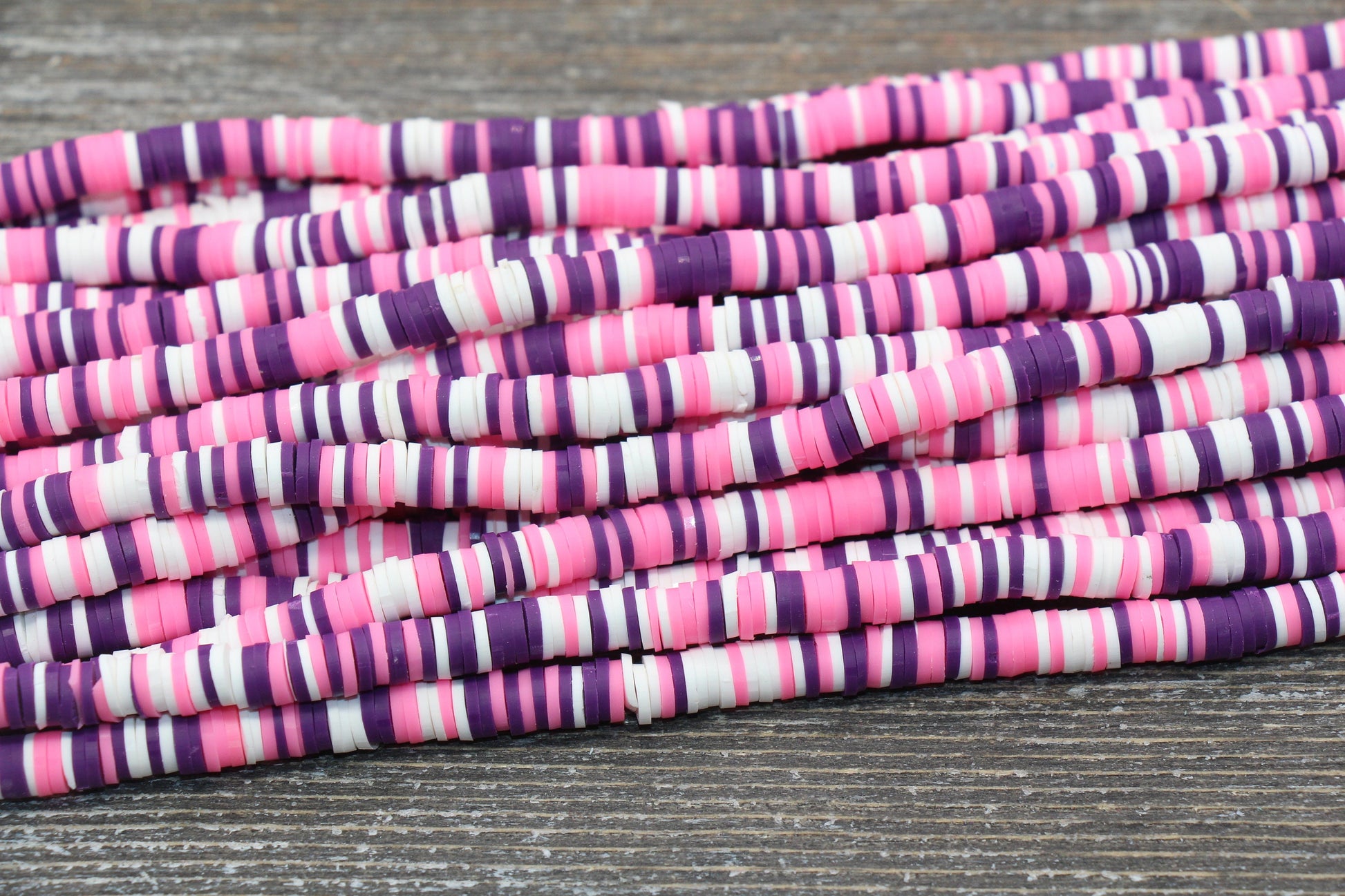 6mm Multicolored Polymer Clay Disc Beads, Pink, Purple, and White Mix Heishi Beads, African Disc Beads, Vinyl Heishi, 16 inch Strand #66