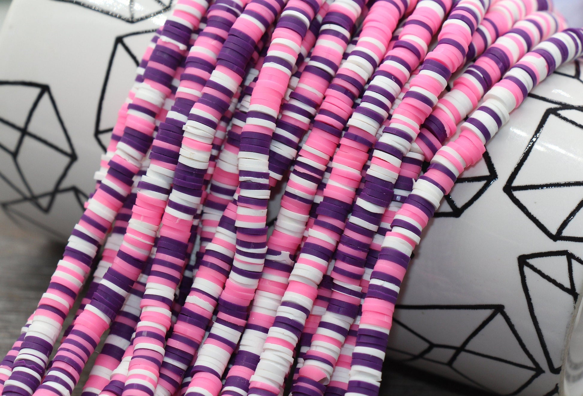 6mm Multicolored Polymer Clay Disc Beads, Pink, Purple, and White Mix Heishi Beads, African Disc Beads, Vinyl Heishi, 16 inch Strand #66