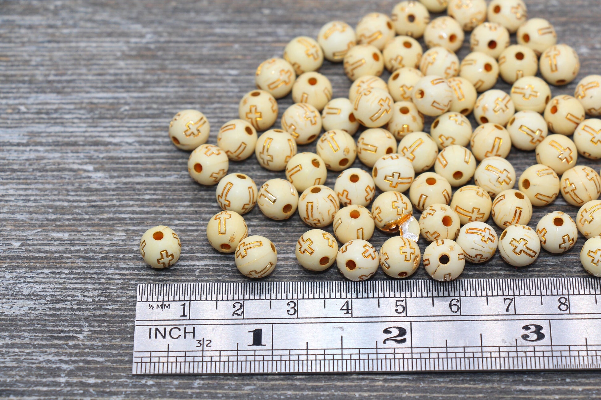Yellow with Gold Cross Round Beads, Gold Cross Round Beads, Acrylic Cross Beads, Religious Round Beads, Chunky Gumball Beads- #338