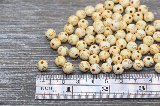 Yellow with Gold Cross Round Beads, Gold Cross Round Beads, Acrylic Cross Beads, Religious Round Beads, Chunky Gumball Beads- #338