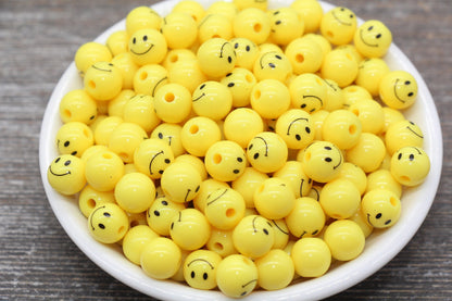 Smiley Face Round Beads, Emoji Beads, Happy Face Beads, Plastic Round Beads, Yellow Smiley Face Gumball Beads, Chunky Beads, Size 10mm #506