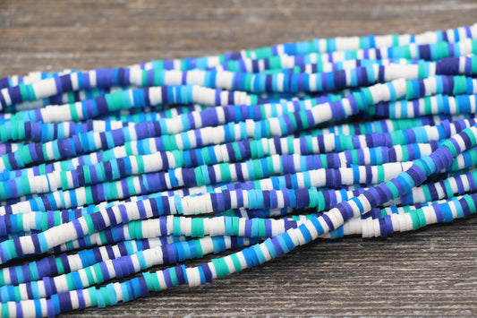 4mm Blue and White Multicolored Heishi Beads, Multicolored Polymer Clay Disc Beads, African Disc Beads, Vinyl Heishi, 16 inch Strand #126