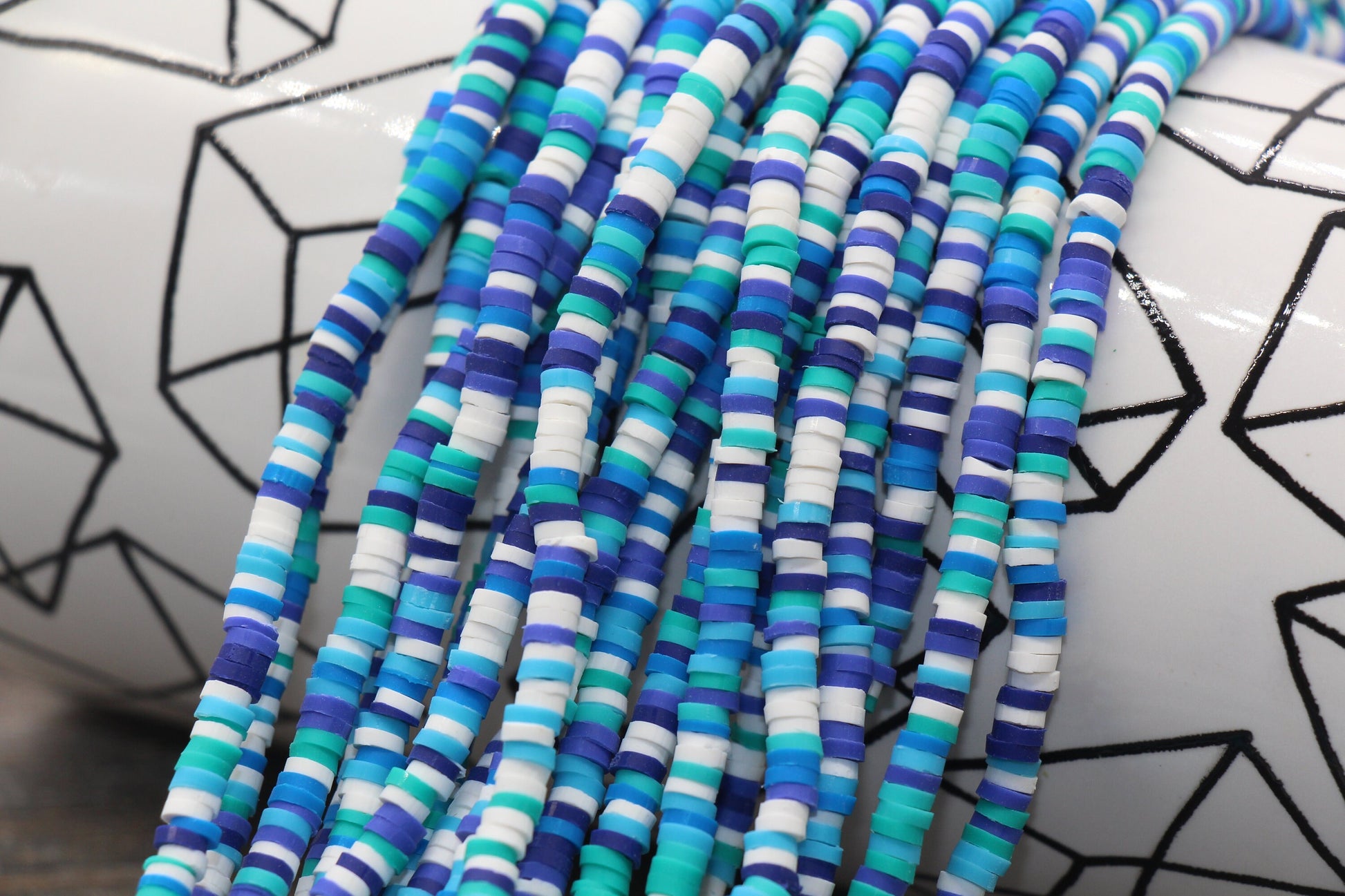 4mm Blue and White Multicolored Heishi Beads, Multicolored Polymer Clay Disc Beads, African Disc Beads, Vinyl Heishi, 16 inch Strand #126