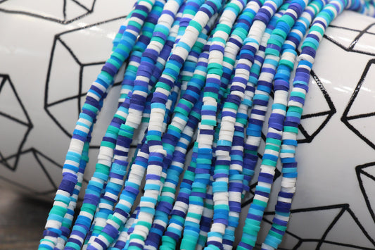 4mm Blue and White Multicolored Heishi Beads, Multicolored Polymer Clay Disc Beads, African Disc Beads, Vinyl Heishi, 16 inch Strand #126