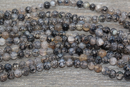 Black Dragon Vein Agate Beads, Dragon Vein Gemstone Smooth Round Beads, Agate Gemstone Beads, 4mm 6mm 8mm 10mm, Full Strand 15.5 inch, #95