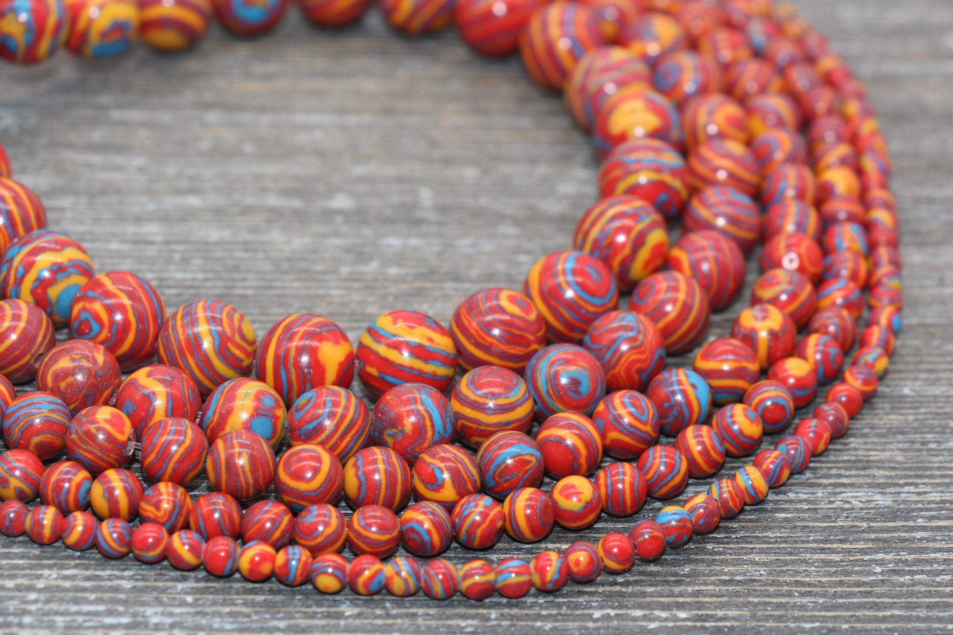 Malachite Beads, Peacock Beads, Smooth Gemstone Round Beads, Mixed Colors Red Blue and Yellow Beads, Sizes 6mm 8mm 10mm 12mm #105
