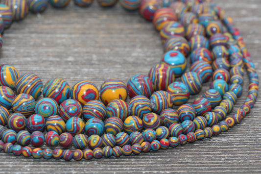 Peacock Stone Beads, Malachite Synthetic Beads, Smooth Gemstone Round Beads, Red Yellow and Blue Beads, Sizes 4mm 6mm 8mm 10mm 12mm #158