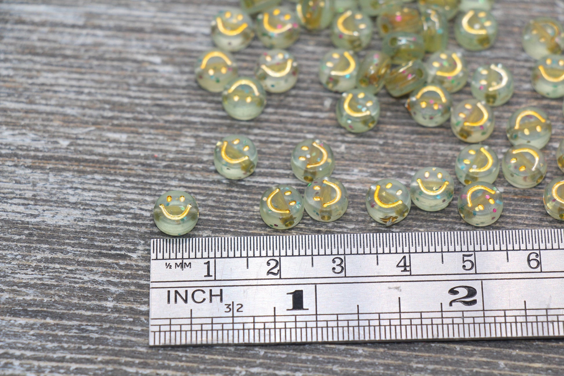 Smiley Face Round Beads, Glitter Gold Emoji Beads, Happy Face Beads, Plastic Round Beads Size 7mm #184