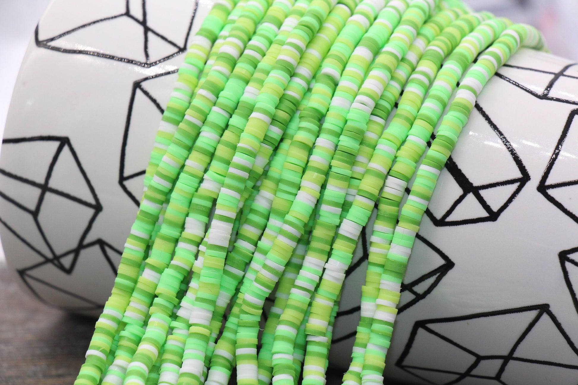 4mm Multicolor Green Heishi Beads, Multicolored Polymer Clay Disc Beads, Rainbow African Disc Beads, Vinyl Heishi, 16 inch Strand #189