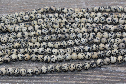 Dalmatian Jasper Beads, Black Spotted Dot Gemstone Smooth Round Beads, Size 6mm 8mm 10mm 12mm, Full Strand 15.5 inch, #108